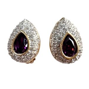Vintage Swarovski Statement Earrings Pave Amethyst Crystal Rhinestones Clip On
